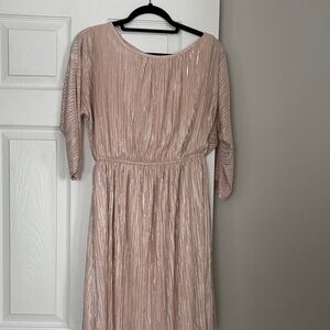 Rose Gold Metallic Pleated Long-Sleeve Maxi Dress